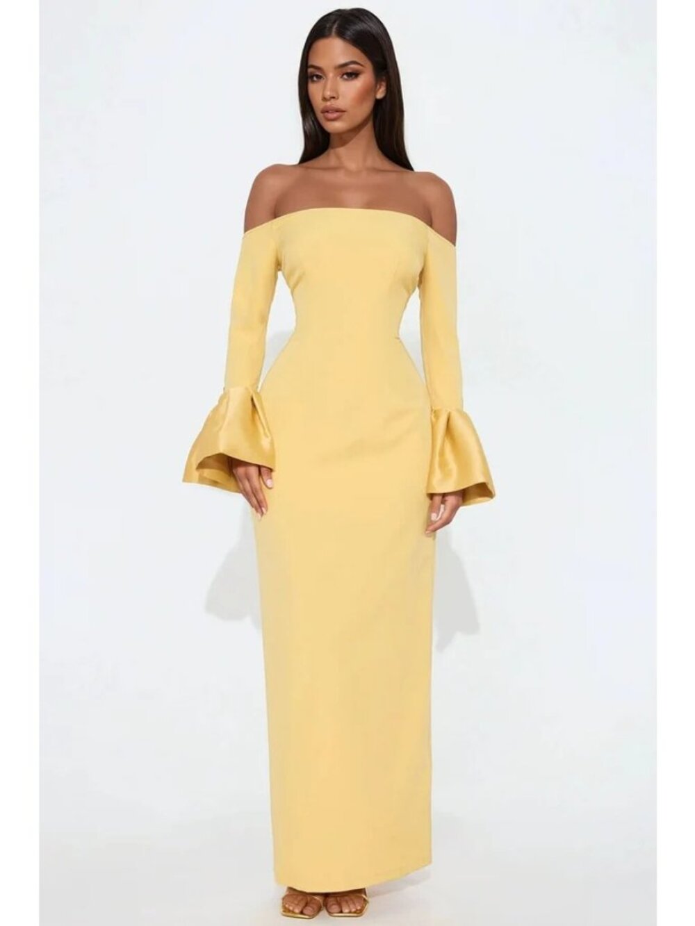 Fashion Nova Dress Size Small Yellow Maxi Off-Shoulder Bell Sleeves
